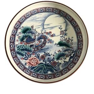 Vintage Japanese Display Dish Pedestal Bowl Porcelain Large 12" Asian Garden